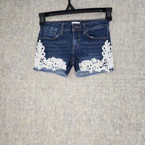 Denim Lace Trim Shorts With Intricate Bohemian Embellishment & Distressed Hem
